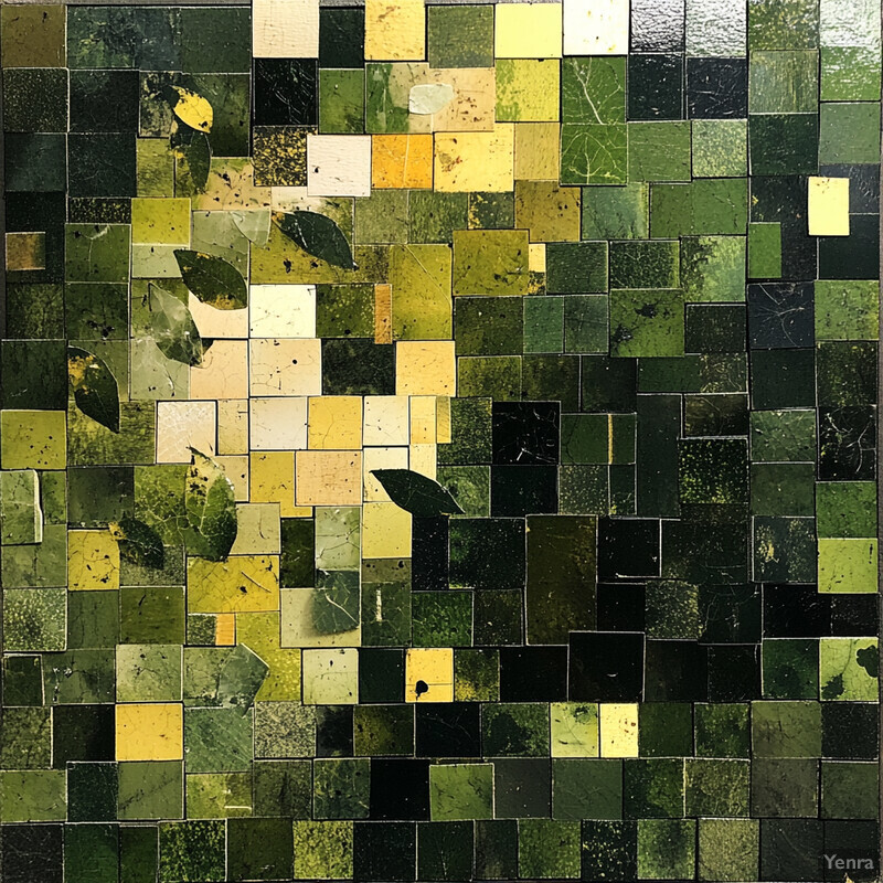 A vibrant mosaic artwork made up of small tiles in shades of green and yellow, arranged in a seemingly random pattern.