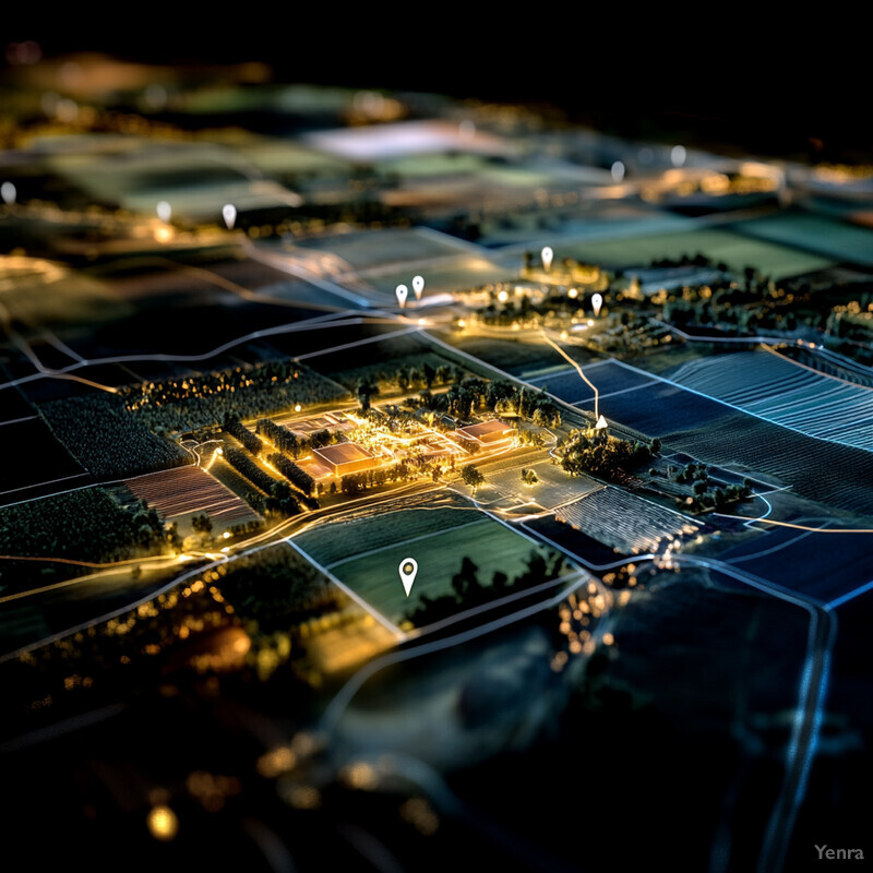 A 3D rendering of a cityscape at night, complete with illuminated buildings and streets.