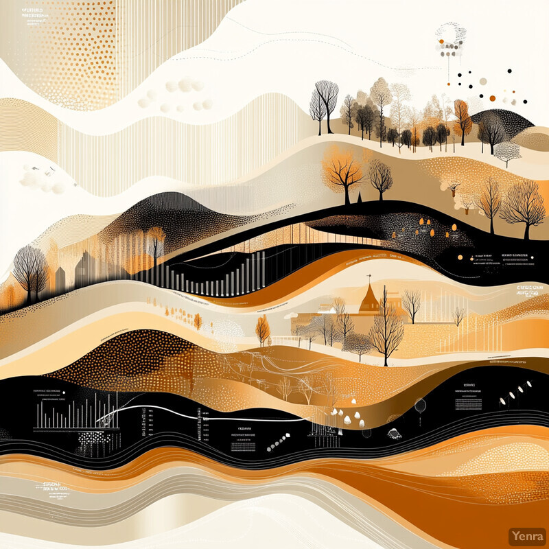 A dynamic landscape with undulating hills and valleys, featuring trees, a church steeple, and subtle hints at human presence.