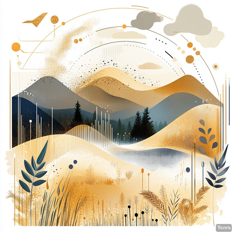 A serene and harmonious landscape featuring rolling hills and mountains in shades of beige and gray, punctuated with occasional touches of gold.