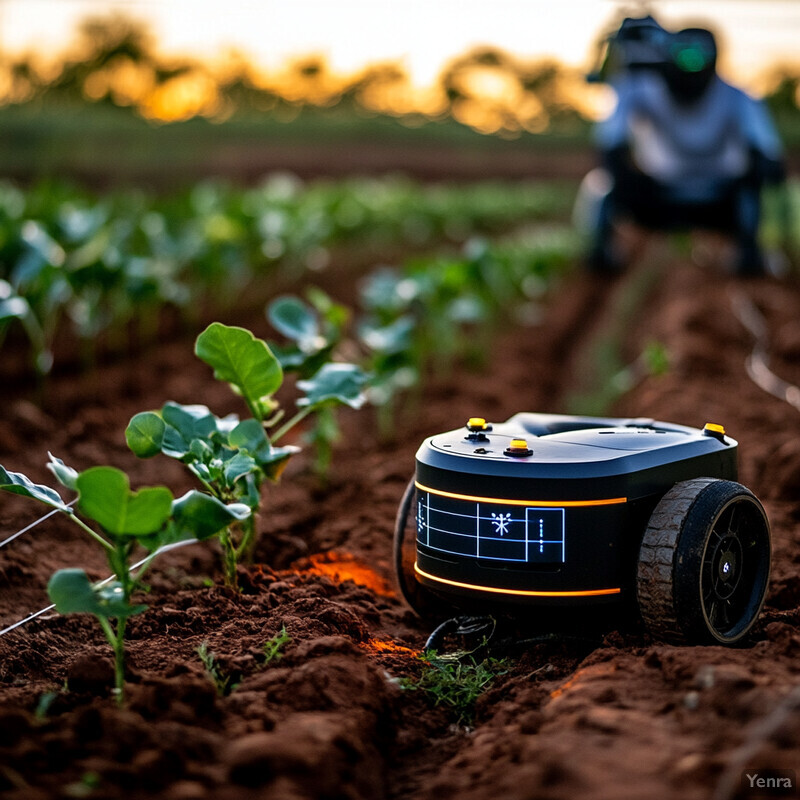 A small black robot is monitoring or inspecting plants in a field, while another person works nearby.