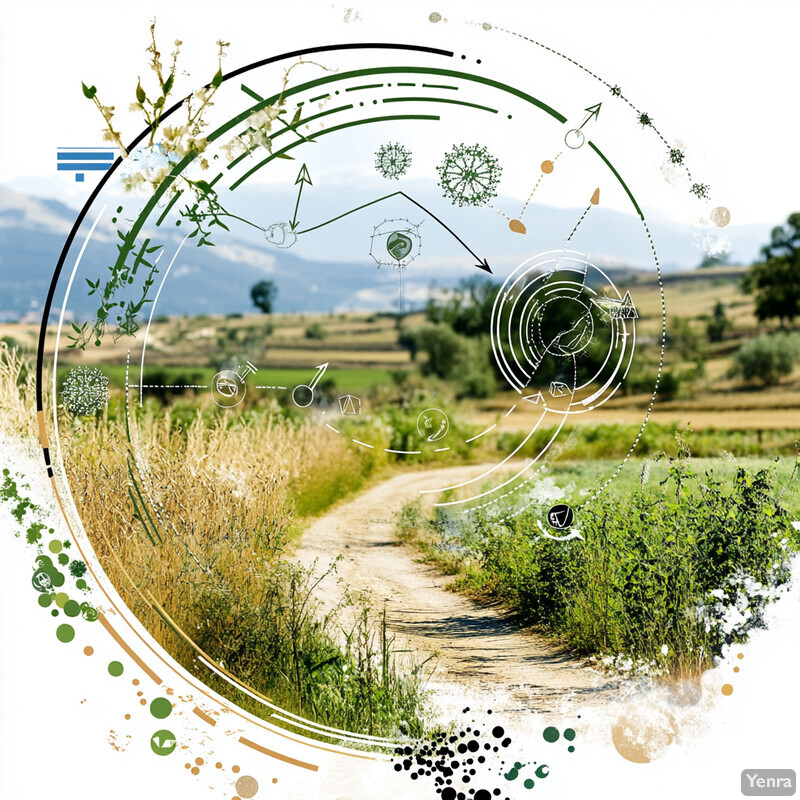 A winding dirt path leads through a rolling landscape of hills and fields.