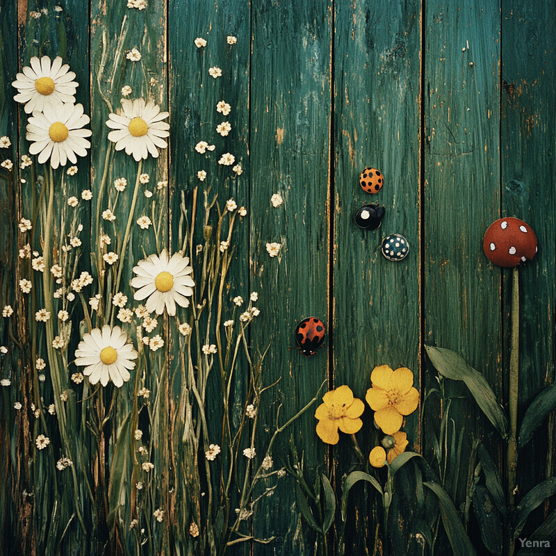 A wooden fence adorned with ladybugs and a mushroom, set against a green backdrop.