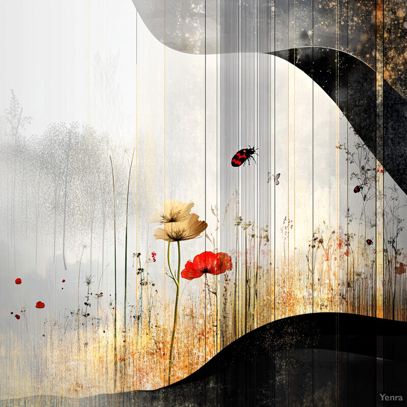 A stylized digital artwork featuring a mix of natural and man-made elements in black, red, and white.