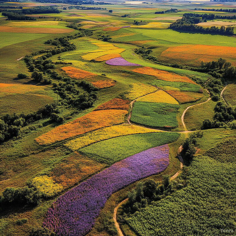 An aerial view of a landscape with diverse crops and fields, showcasing a harmonious blend of colors and textures.