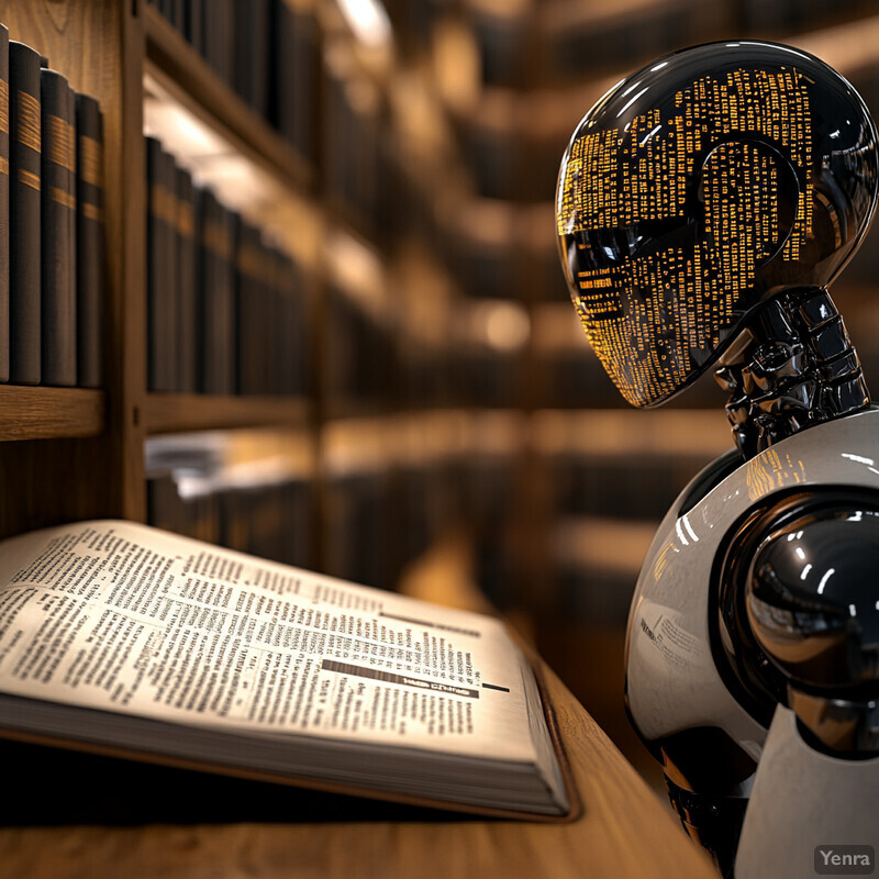 A robot uses natural language processing to analyze data in a quiet, studious environment.