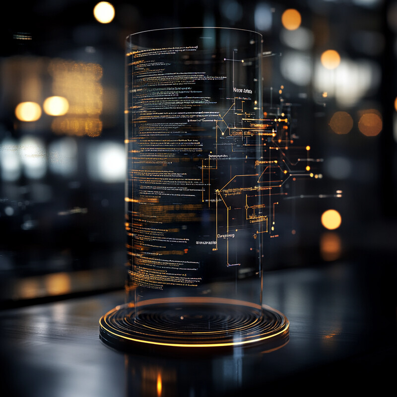 A transparent glass cylinder with a network of lines and text embedded within it, set against a blurred background in an office environment.