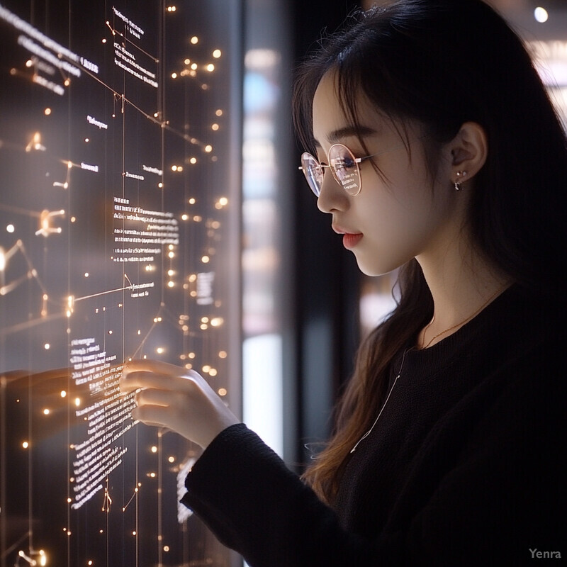 A woman examines a large touchscreen display showing a network diagram.