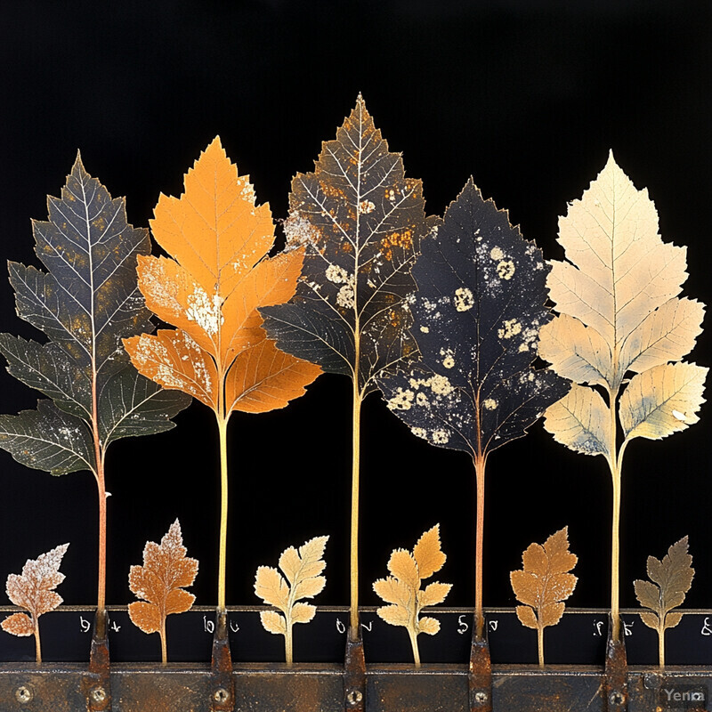 An arrangement of leaves with varying shapes, sizes, and colors on a metal surface against a black background.