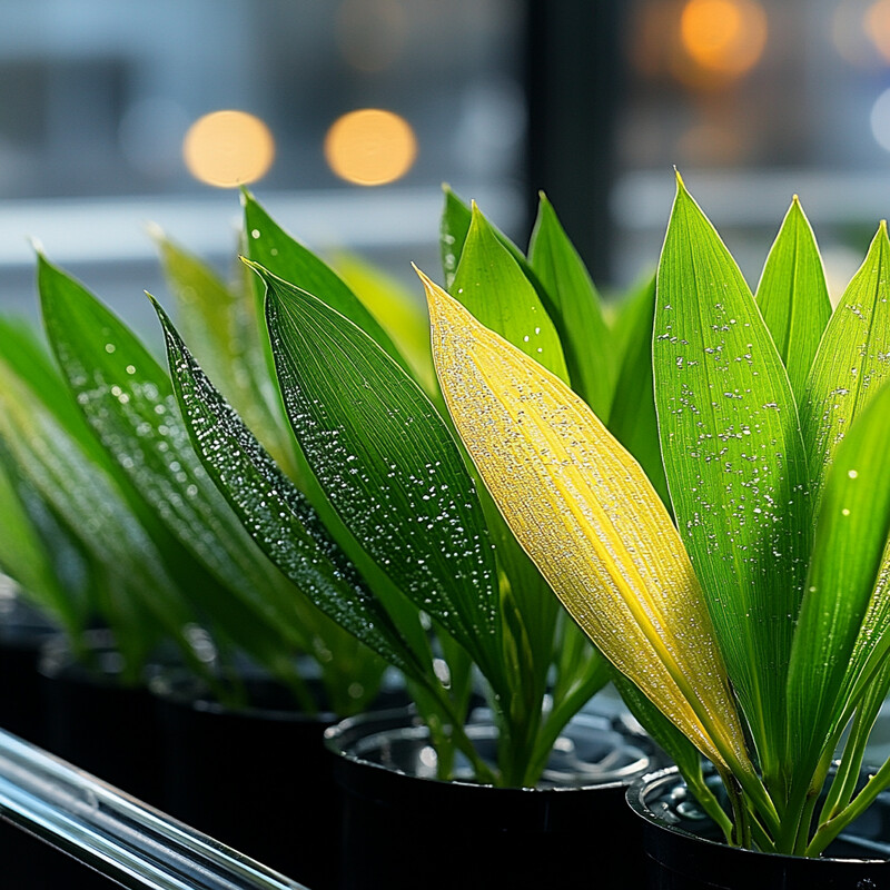 A collection of plants in black pots with one plant having yellow leaves.