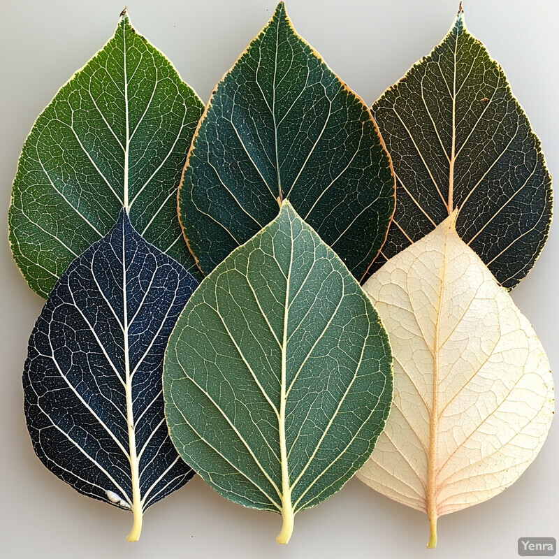 A collection of five leaves arranged in a vertical row, showcasing their venation patterns against a plain gray background.