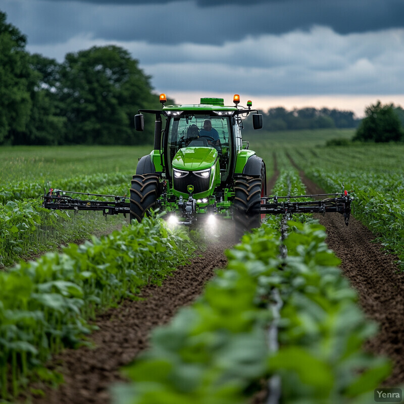 A green tractor is seen in a field, possibly engaged in agricultural activities.