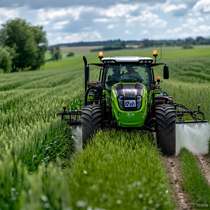 A green tractor with sprayers is driving through a field, likely for precision spraying and variable-rate treatments.