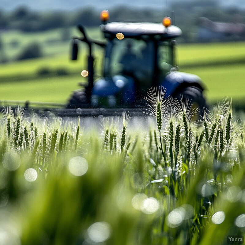 A blue tractor is driving through a green wheat field, spraying something onto the crops.