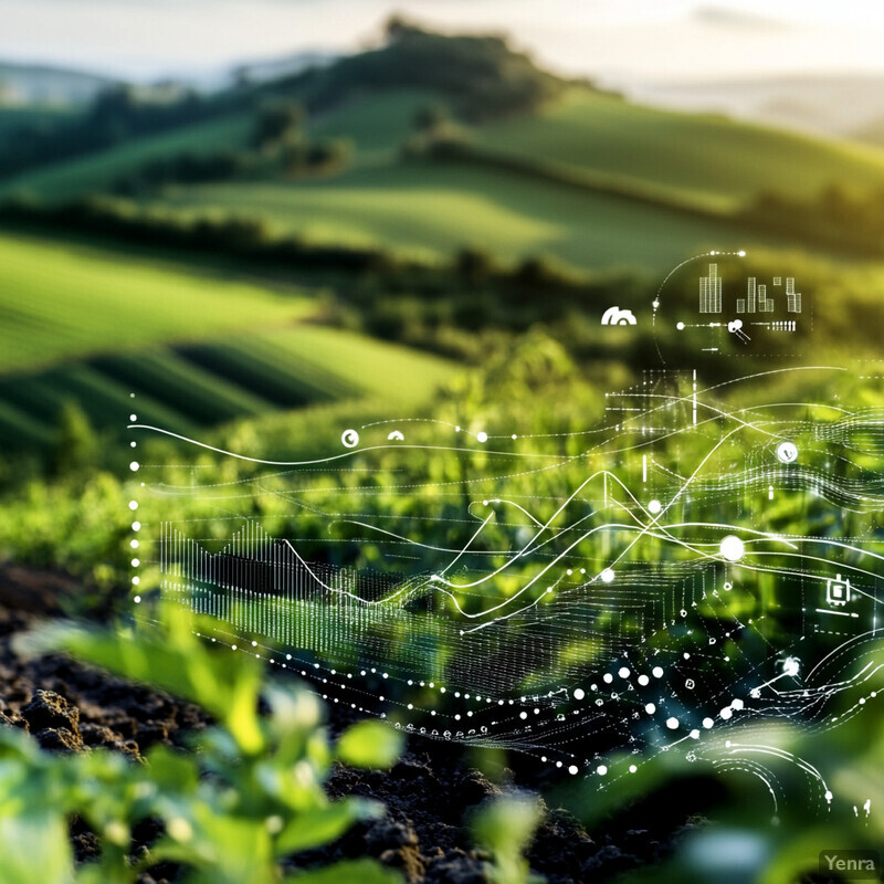 A landscape photograph of rolling hills or fields with a graphic overlay.