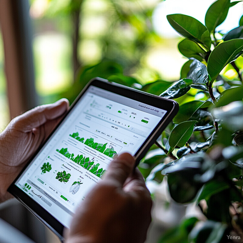 A person is engaged in data analysis or research using two tablets, surrounded by plants.