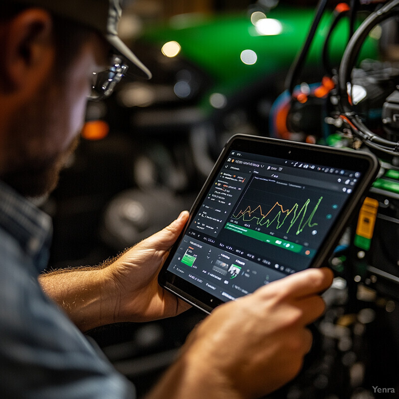 A man is holding a tablet with a screen displaying a graph and various other elements related to real-time alerts and dashboards.