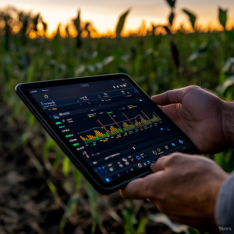 A person is using a tablet to monitor their crops in real-time, set against the backdrop of a cornfield at sunset.