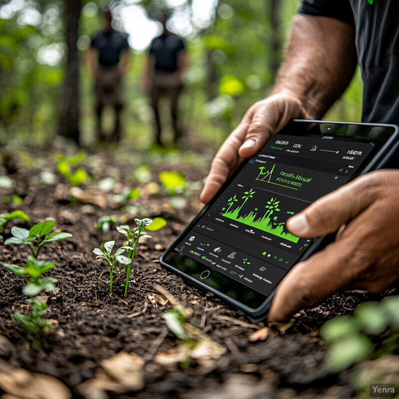 A person holding a tablet surrounded by plants and soil.