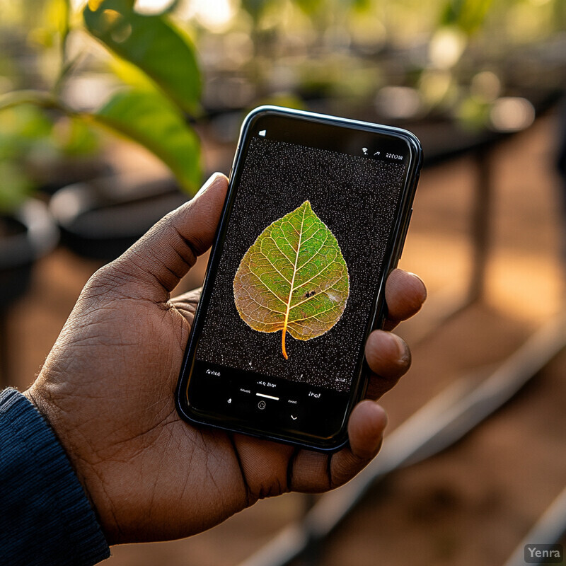 A person holding a smartphone in their left hand, viewing an app or game featuring a green leaf on a brown background.