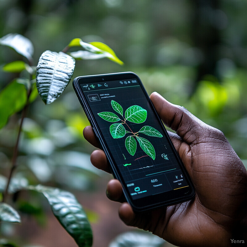 A person holds a smartphone with an app open on its screen in a forest or wooded area.