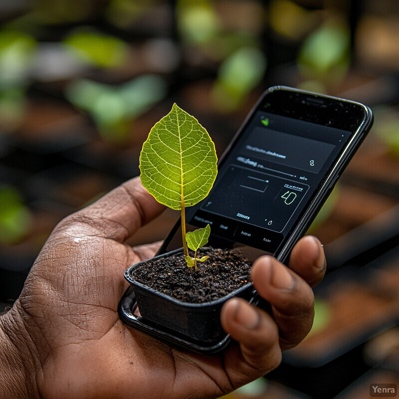 A person is using a smartphone to monitor the growth of a small plant.