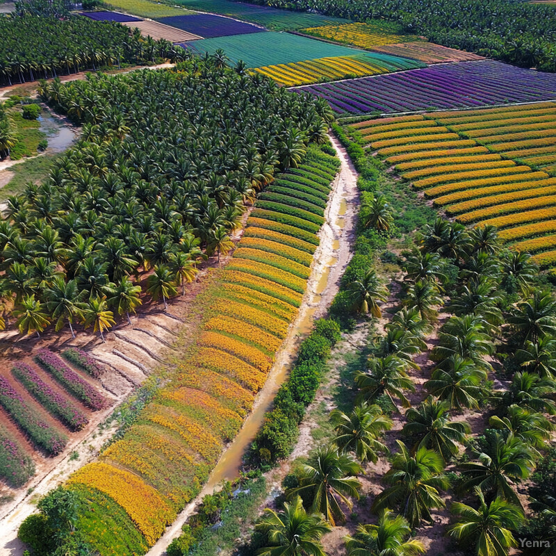 Aerial view of a lush agricultural landscape with rows of crops and palm trees.