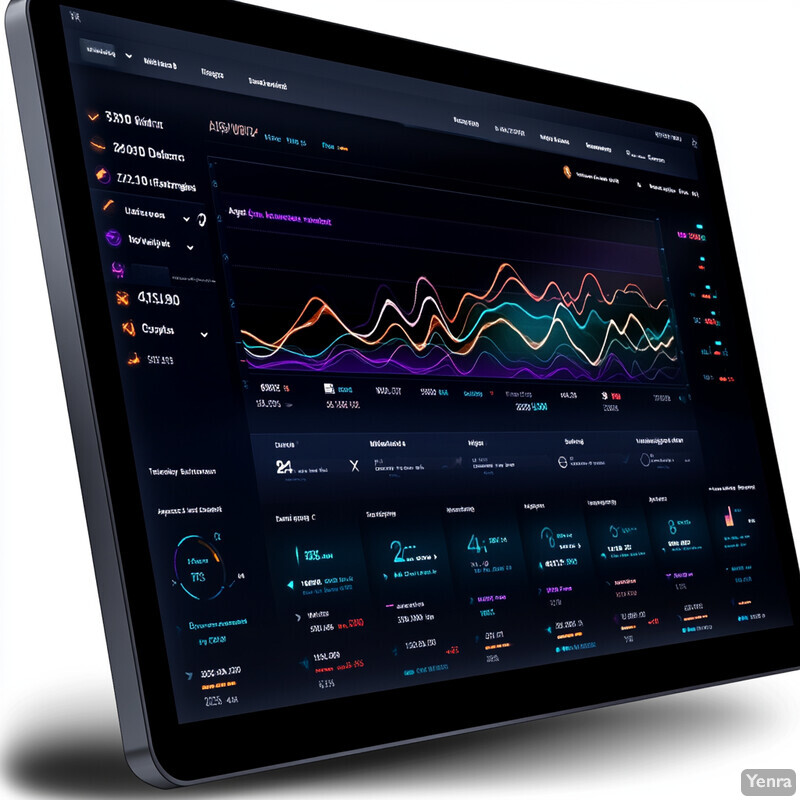 A tablet displays an interactive dashboard with various charts and graphs.