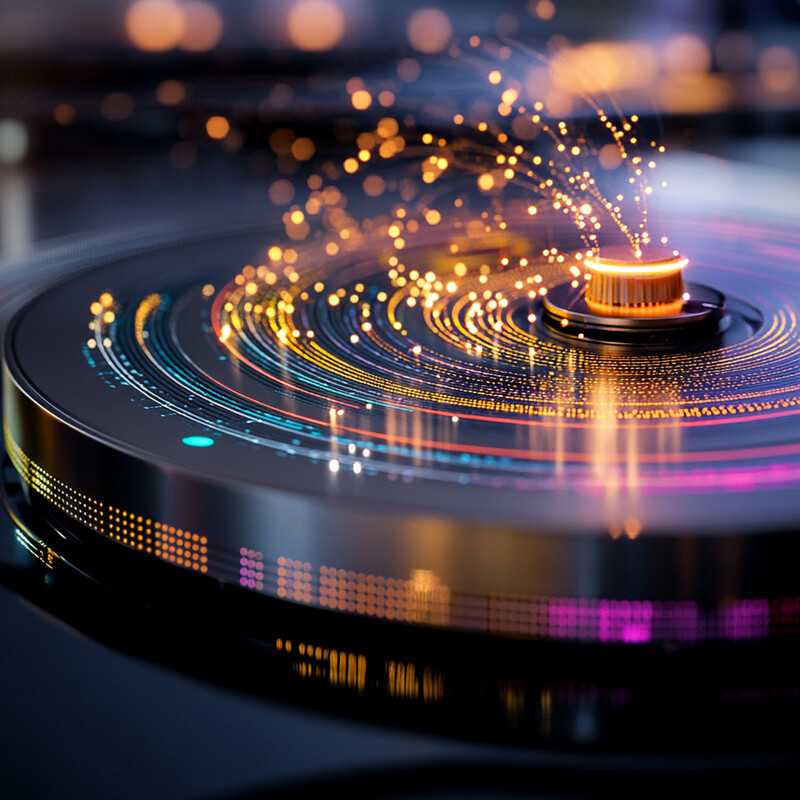 A close-up view of a vinyl record player's turntable, featuring a unique color scheme and design.