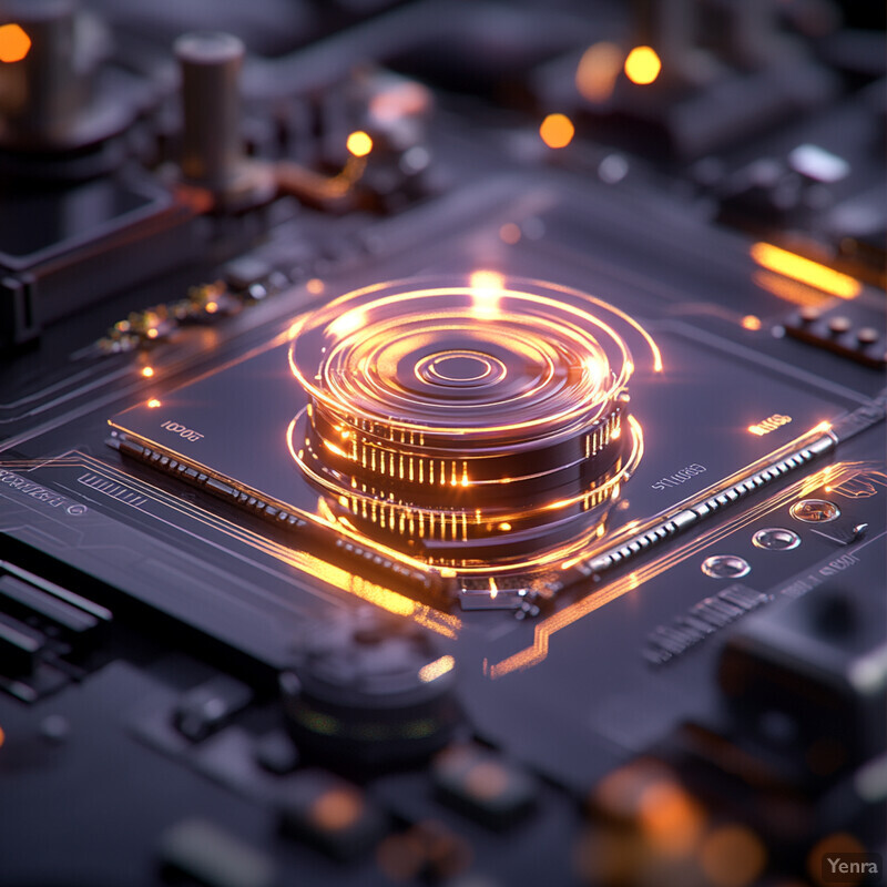 An electronic circuit board with a central sensor or chip surrounded by smaller components.