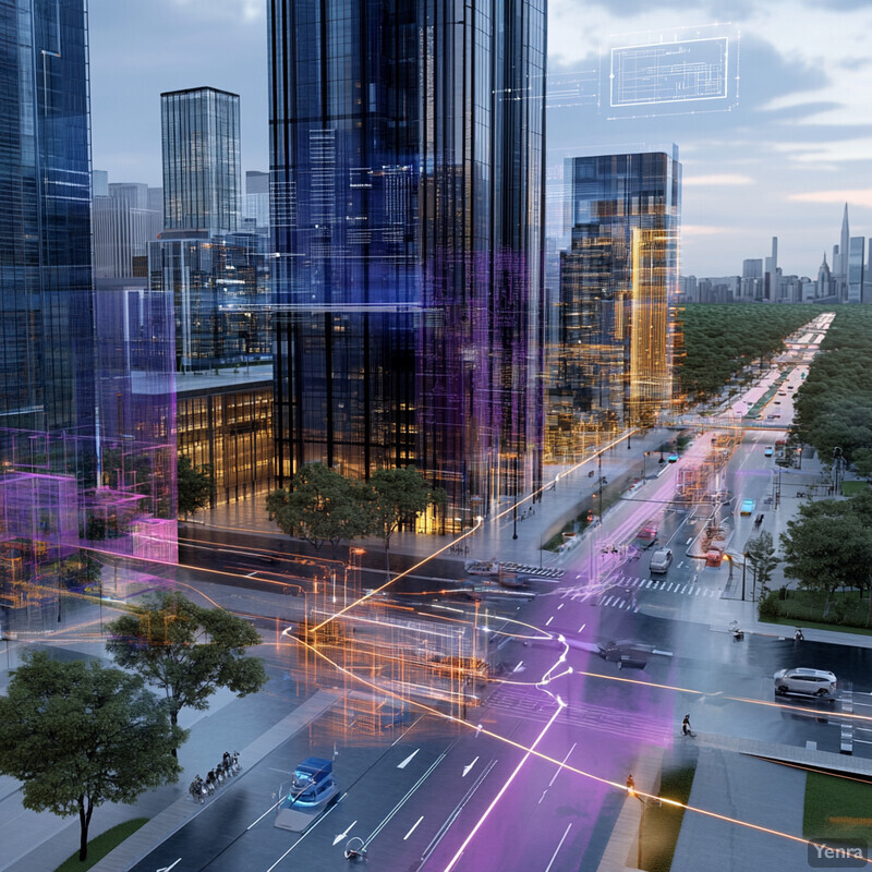 An urban landscape with modern skyscrapers and a bustling street, showcasing the integration of technology into city planning.