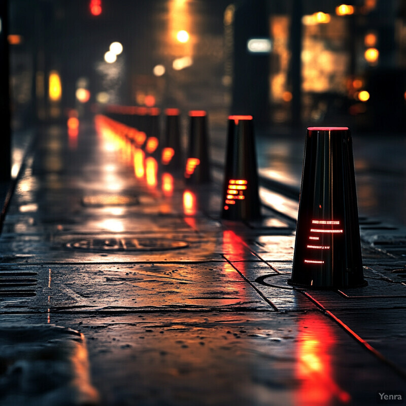 A row of black traffic cones with red lights on a wet city street at night