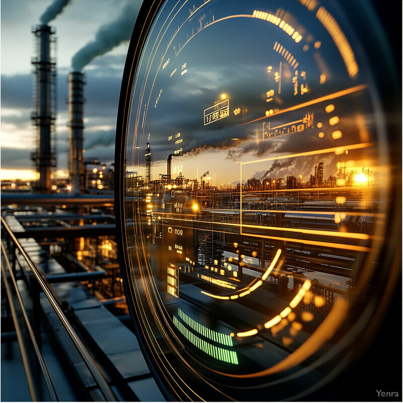 An industrial setting with a large lens in the foreground, reflecting the surrounding environment and equipment, and smoke billowing from chimneys.