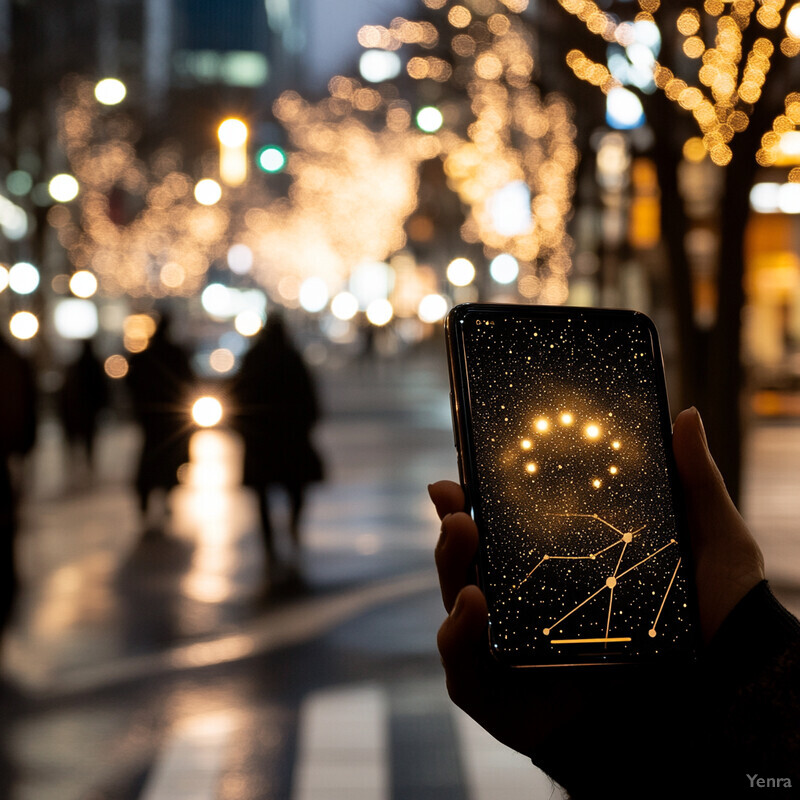 A person holds a cell phone with a constellation on the screen in an urban setting at night.