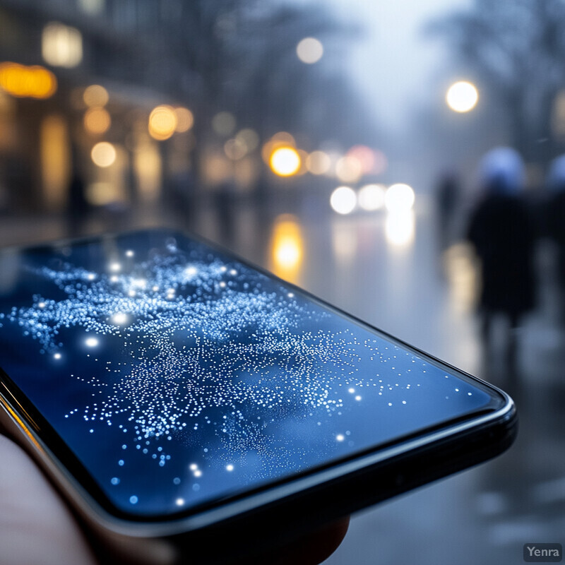 A person is using their blue-screened cell phone to navigate or communicate while out and about at night.