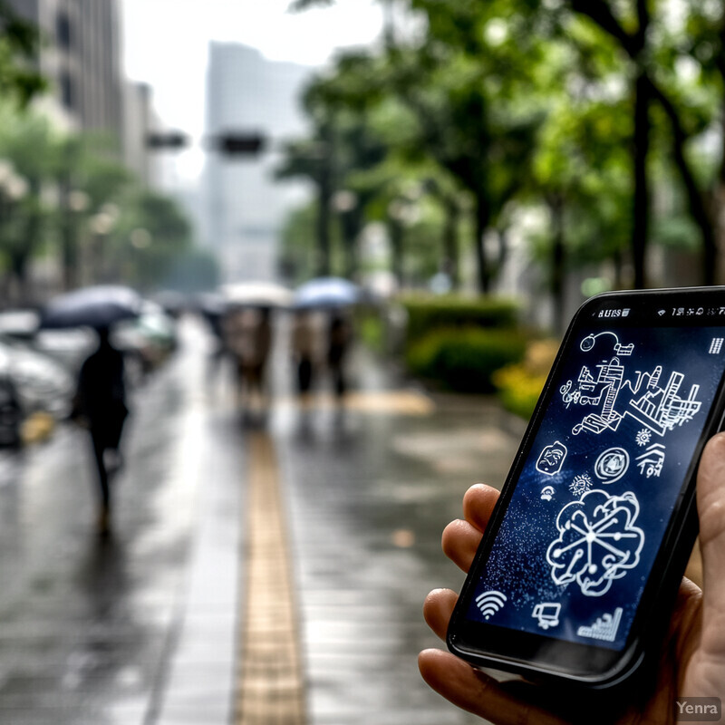 A person holding a smartphone with various icons on its screen in an urban setting.