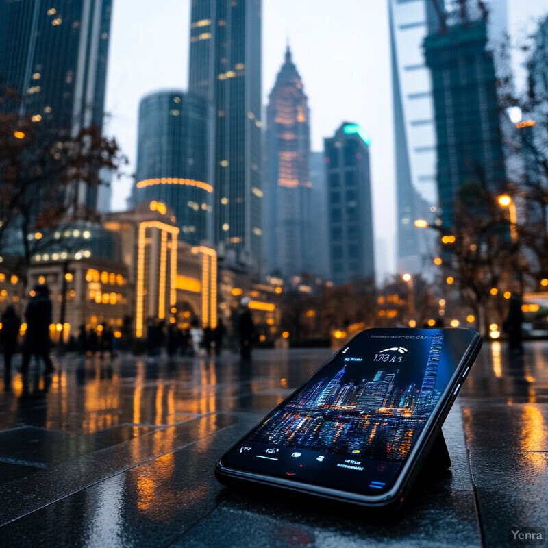 A smartphone is placed on a stand in front of a city skyline at dusk, reflecting light and displaying various icons and text on its screen.