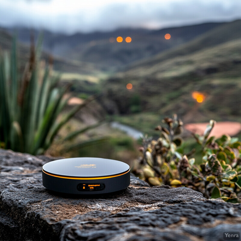 An Edge Computing device sits on a rocky outcrop in a mountainous area.