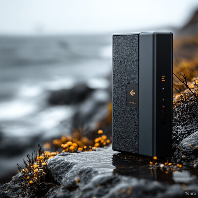 Two black devices placed on rocks near the ocean with blurry text and an orange logo.