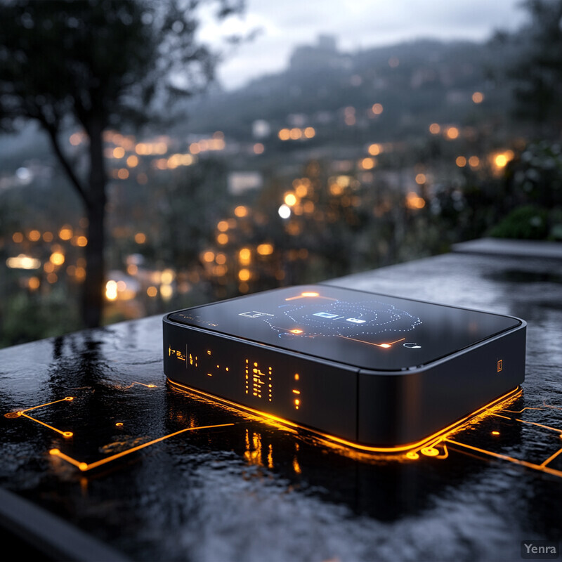 An edge computing device sits on a dark surface with a cityscape in the background.