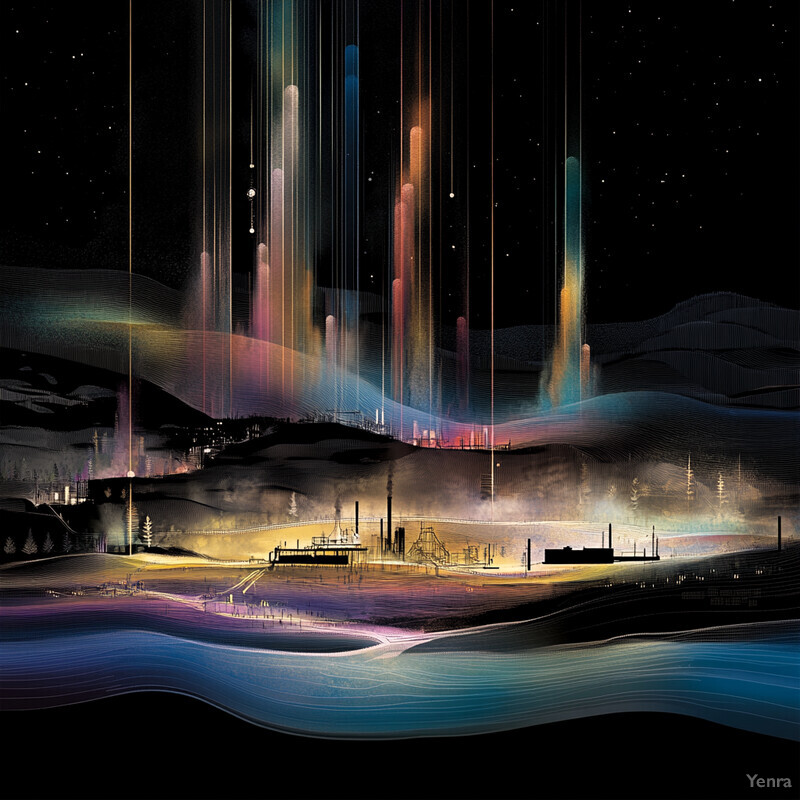 An industrial landscape with smokestacks emitting colorful plumes of gas into the air.