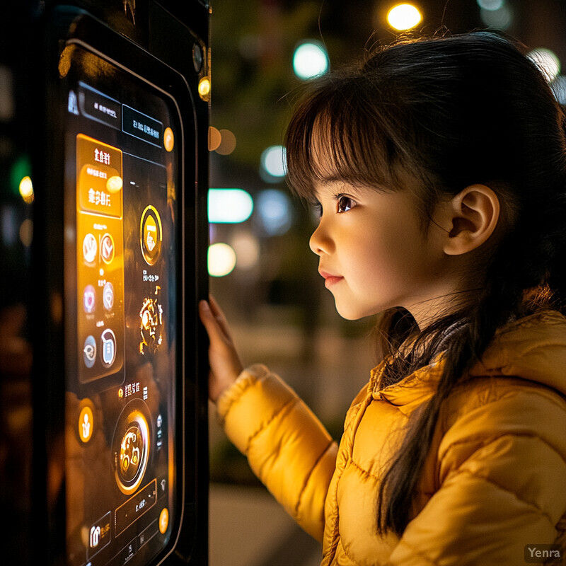 A young girl interacts with an interactive kiosk in a public setting.