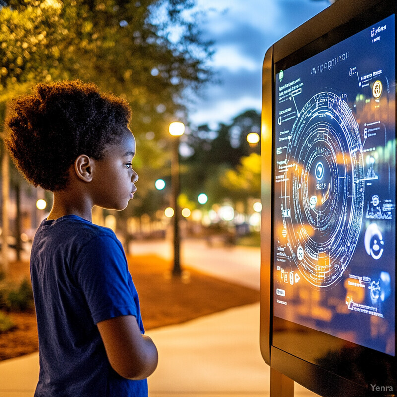 A young boy interacts with an interactive display screen in an outdoor setting.