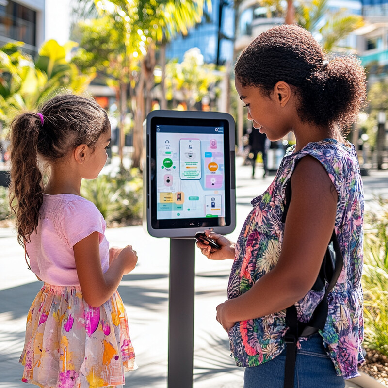 Two young girls interacting with an interactive kiosk in an outdoor public setting.