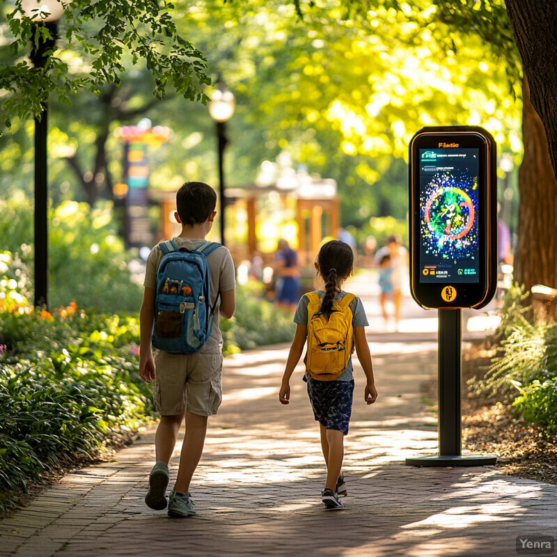 Two children walking down a brick pathway in an outdoor setting.