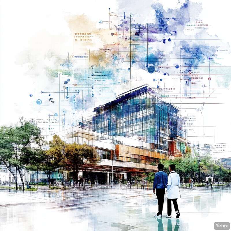 Two individuals stroll through an urban setting with a large building in the background, featuring abstract watercolor-style designs.