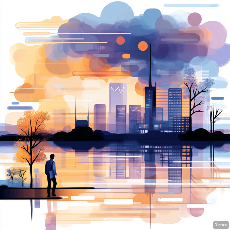 A person stands on the shore of a body of water, gazing out at a city skyline in the distance.