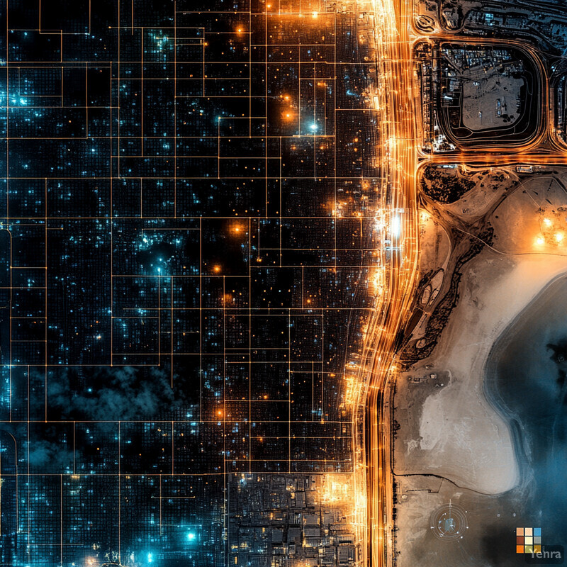 The image captures the intricate layout and infrastructure of a city at night, highlighting its residential, commercial, and transportation features.