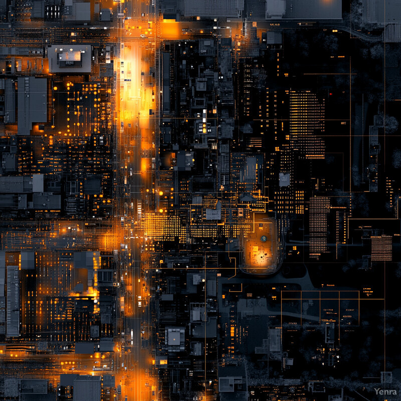 Abstract cityscape with vibrant orange lights in dark background