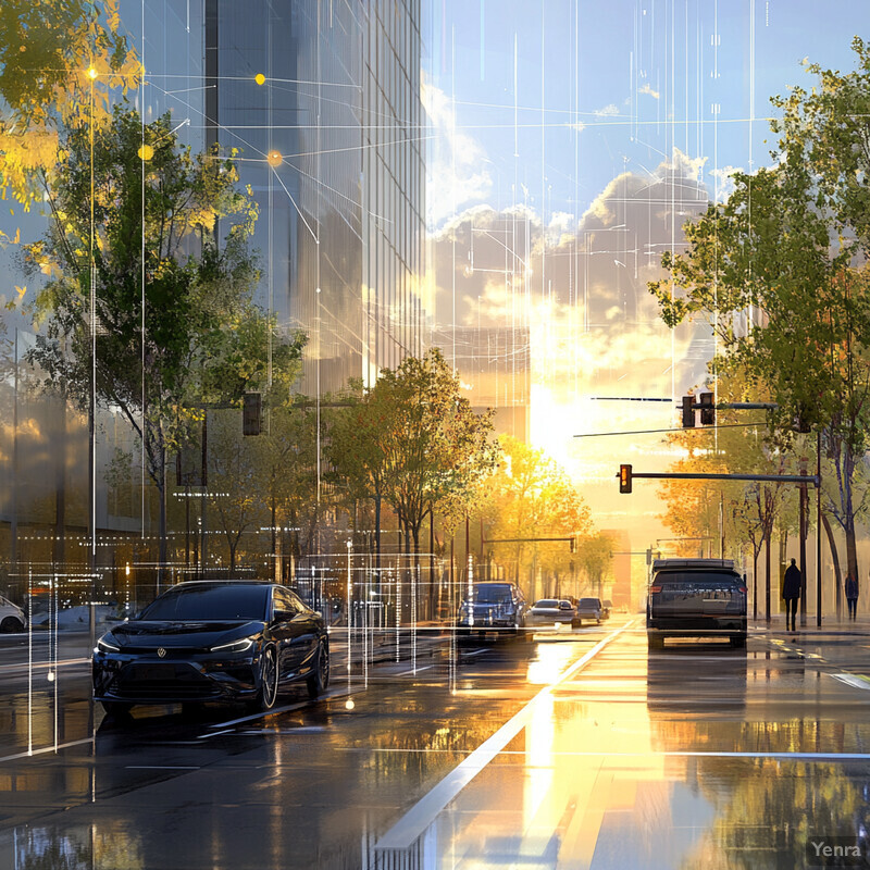 A city street scene with cars driving on it, surrounded by buildings and trees, under a partly cloudy sky.